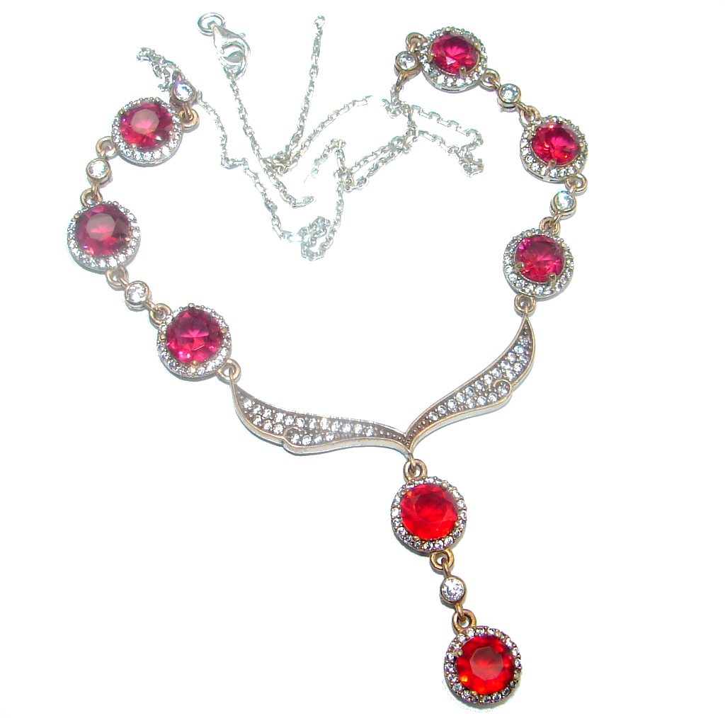 Elegant Victorian Style created Ruby & White Topaz copper over Sterling Silver necklace