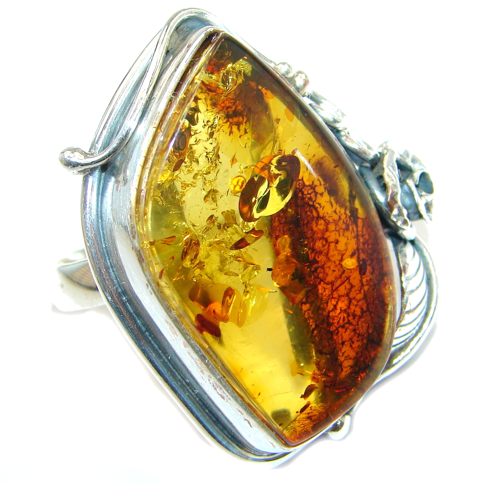 Huge Genuine Baltic Polish Amber Sterling Silver handmade Ring size 9 1/4