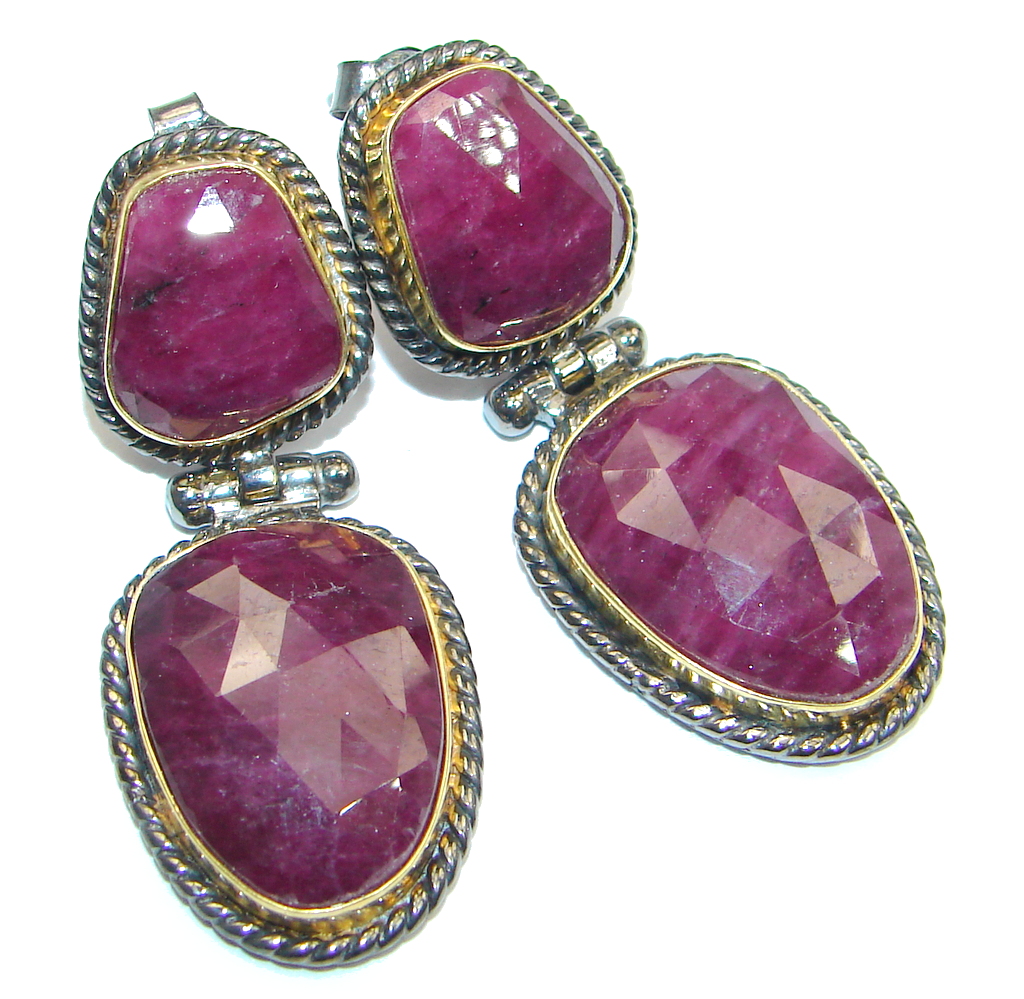 Trendy Ruby 18ct Gold Rhodium plated over Sterling Silver handmade stud earrings