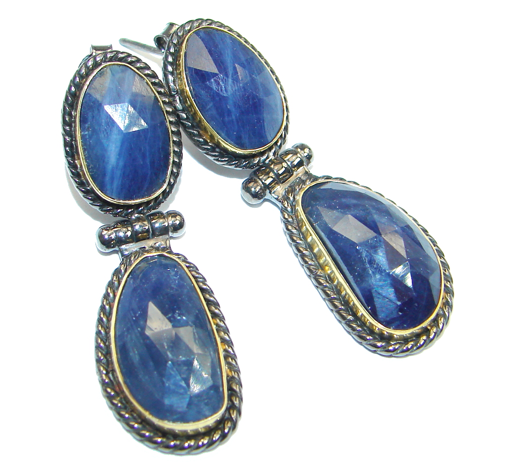 Trendy Fashion Sapphire Two Tones Sterling Silver handmade studs earrings