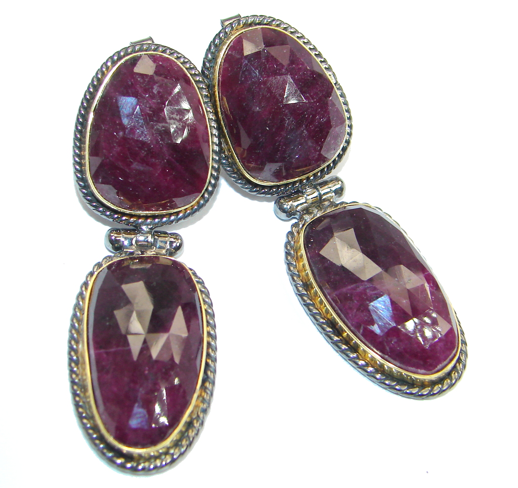 Trendy Ruby 18ct Gold Rhodium plated over Sterling Silver handmade stud earrings