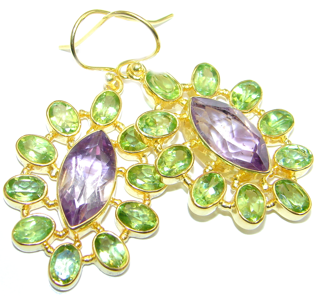 Amazing genuine Amethyst Peridot Gold plated over Sterling Silver Earrings