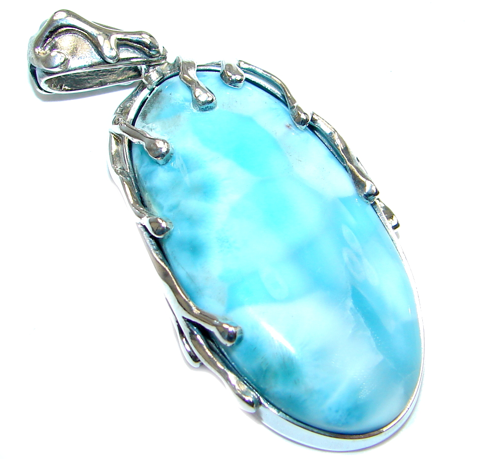 Big Vintge Style genuine Larimar Sterling Silver handmade Pendant