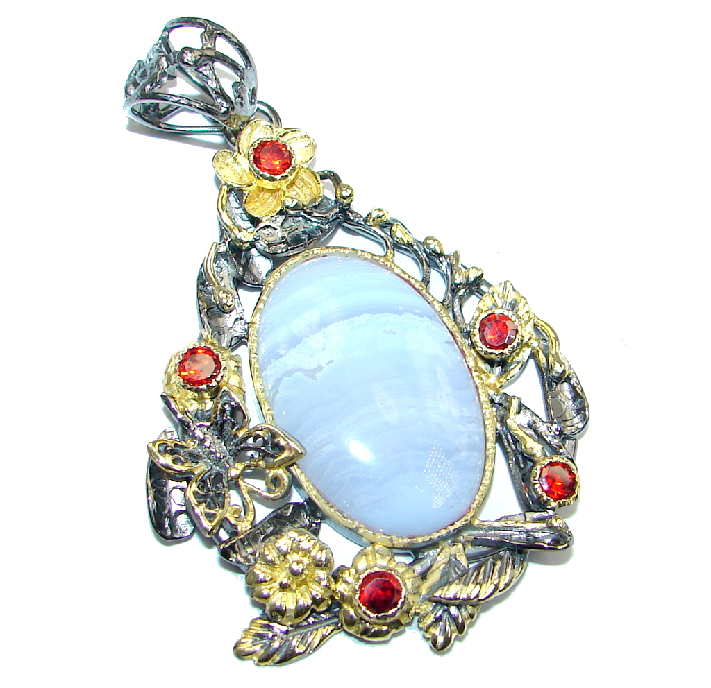 Perfect Light Blue Lace Agate Garnet Gold plated over Sterling Silver Pendant