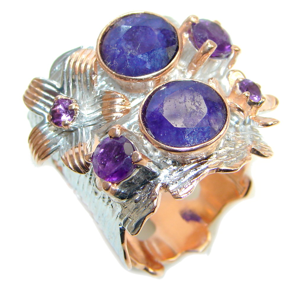 One Of the Kind Blue Sapphire & Amethyst Sterling Silver Ring size adjustable 5 1/2