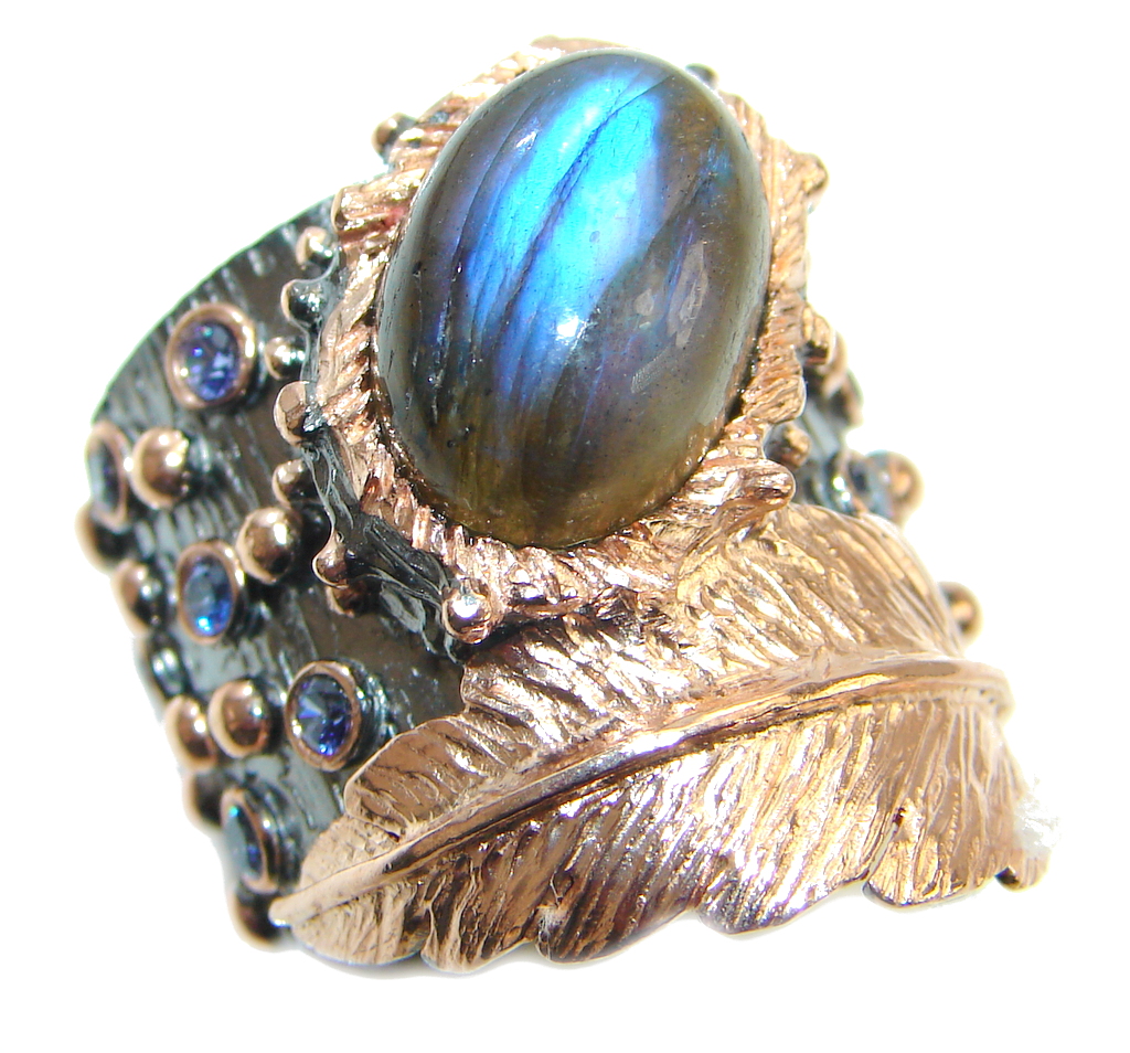 Fire Labradorite Topaz Rhodium Rose Gold plated over Sterling Silver ring size 7 1/2