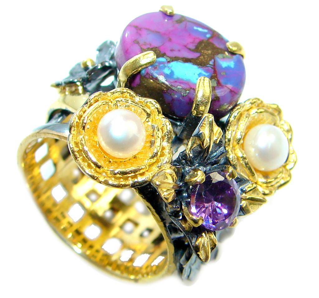 Beautiful Purple Turquoise Pearl Gold Rhodium plated over Sterling Silver Ring size 7