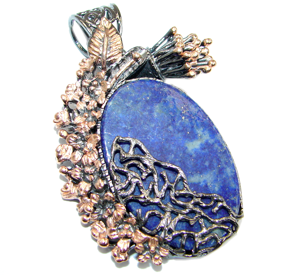 Large Blue Lapis Lazuli Rose Gold Rhodium plated over Sterling Silver handmade Pendant