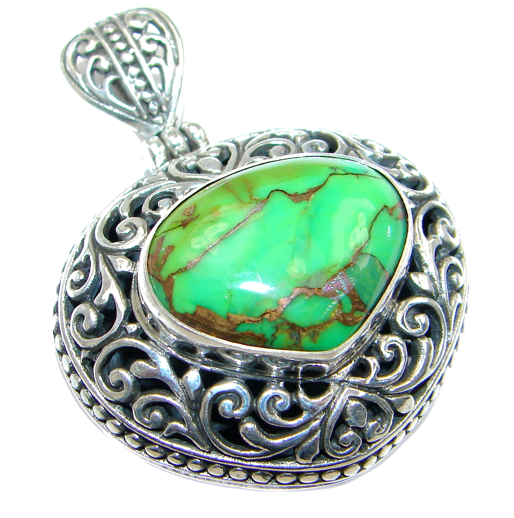 Rich Design Genuine Green Turquoise Sterling Silver handmade Pendant