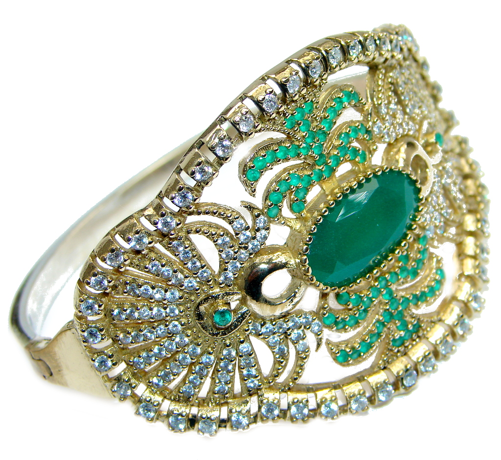 Victorian Style Created Emerald & White Topaz copper covered Sterling Silver Bracelet