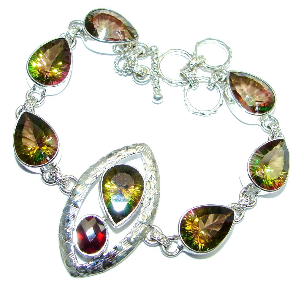 One of the kind Mystic Topaz Garnet Sterling Silver handmade Bracelet