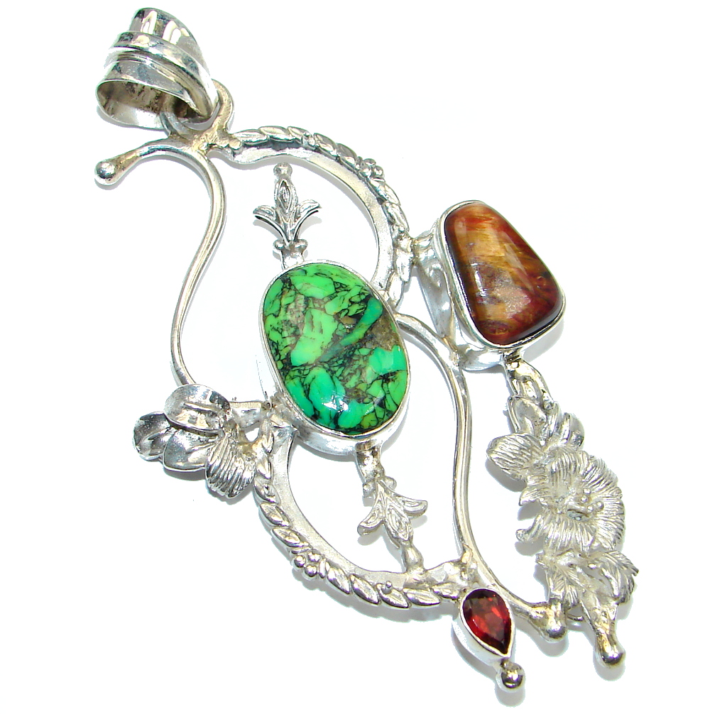 Huge Tigers Eye Turquoise Garnet Sterling Silver handmade Pendant