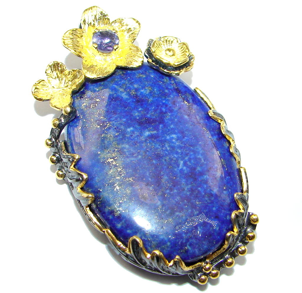 Blue Lapis Lazuli Tanzanite Gold Rhodium plated over Sterling Silver handmade Pendant