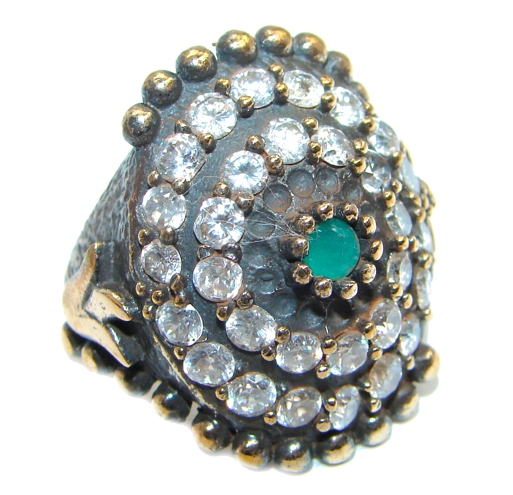 Victorian Style created Emerald & White Topaz Copper over Sterling Silver ring; s. 6 3/4
