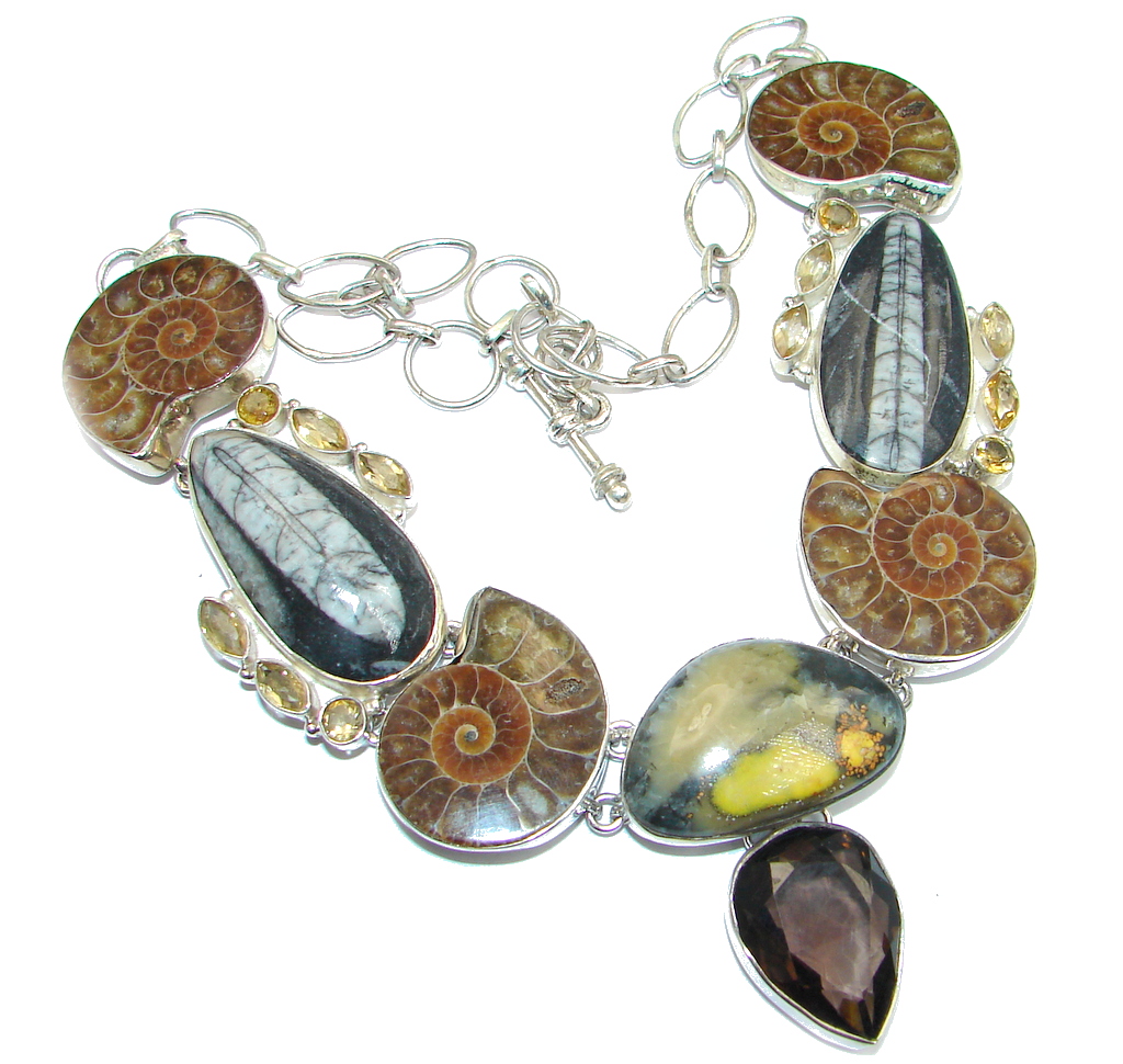 One of the Kind Ammonite Fossil Citrine Sterling Silver handcrafted necklace