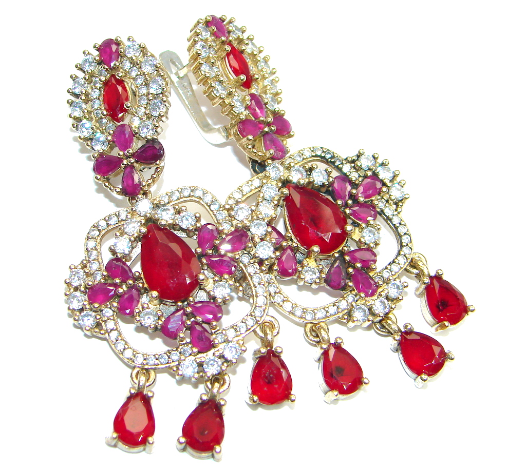 Large Victorian Style created Red Ruby Sterling Silver chandelier earrings