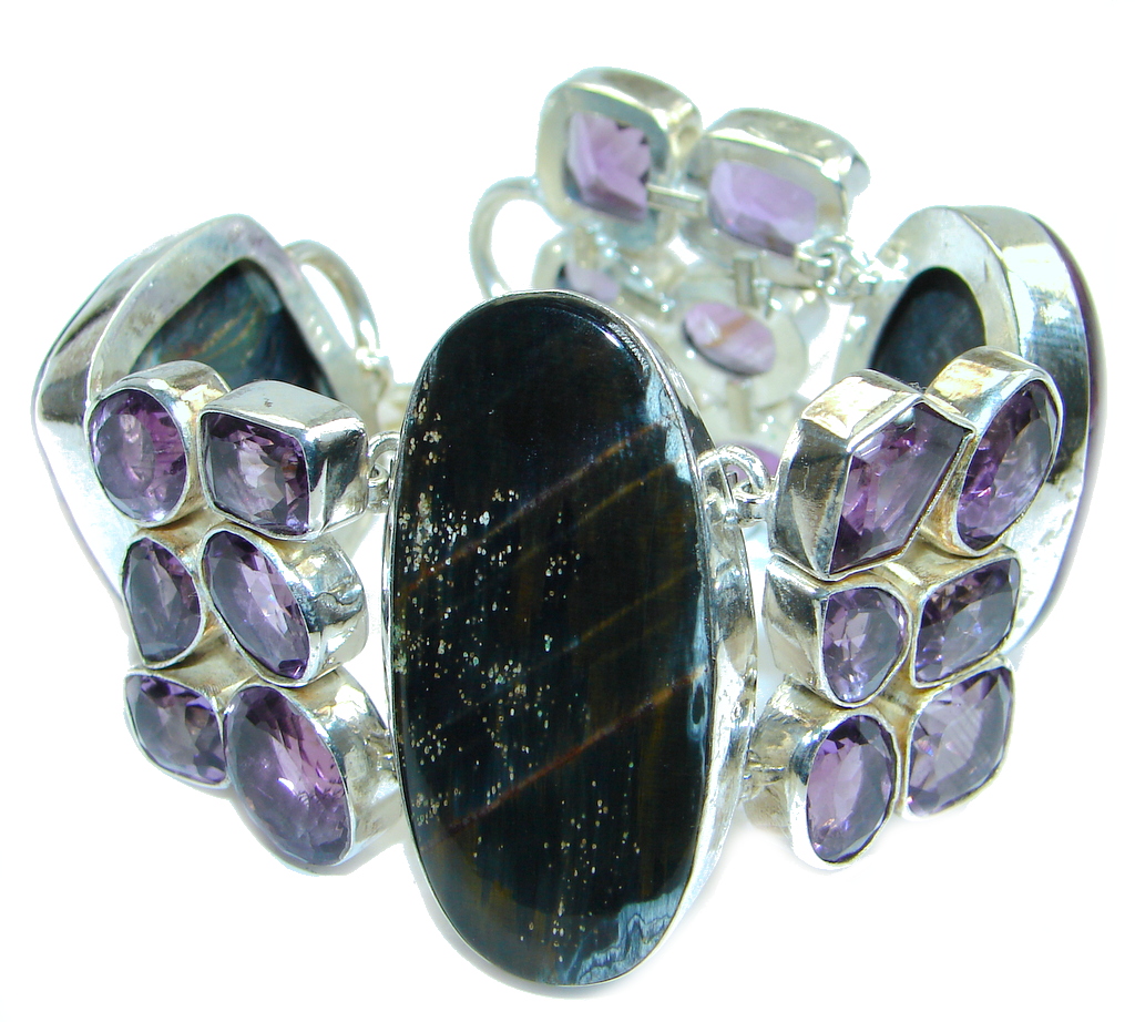 Chunky Amethyst Pietersite Agate Sterling Silver handmade Bracelet