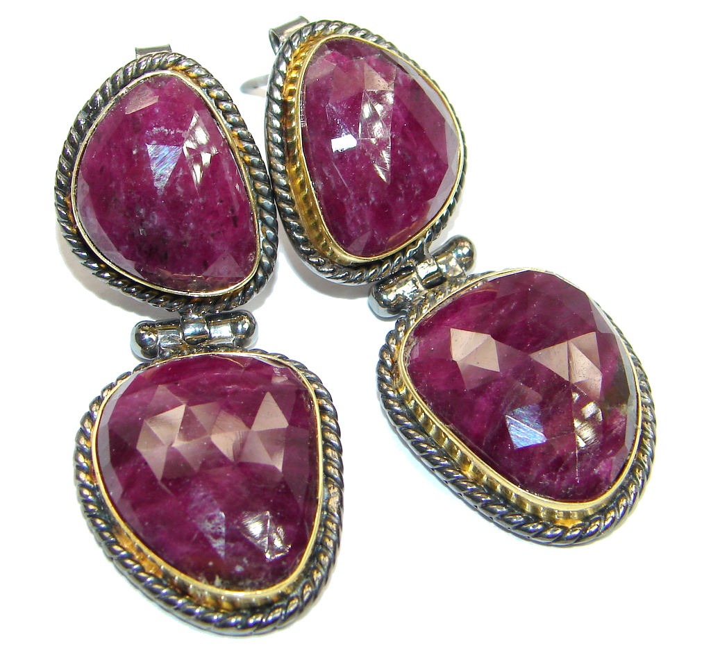 Trendy Ruby 18ct Gold Rhodium plated over Sterling Silver handmade stud earrings