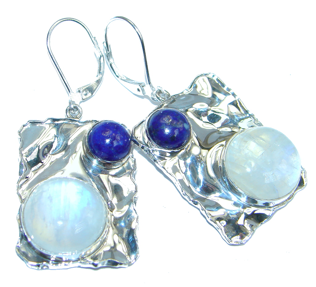 Perfect Blue Moonstone Lapis Lazuli hammered Sterling Silver earrings