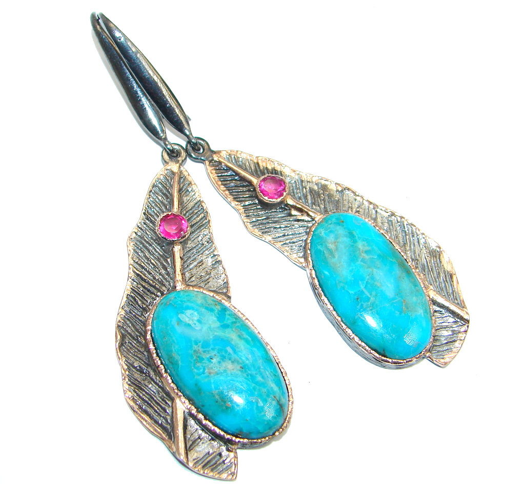 Large Fabulous Parrot's Wing Chrysocolla Garnet Gold plated over Sterling Silver earrings