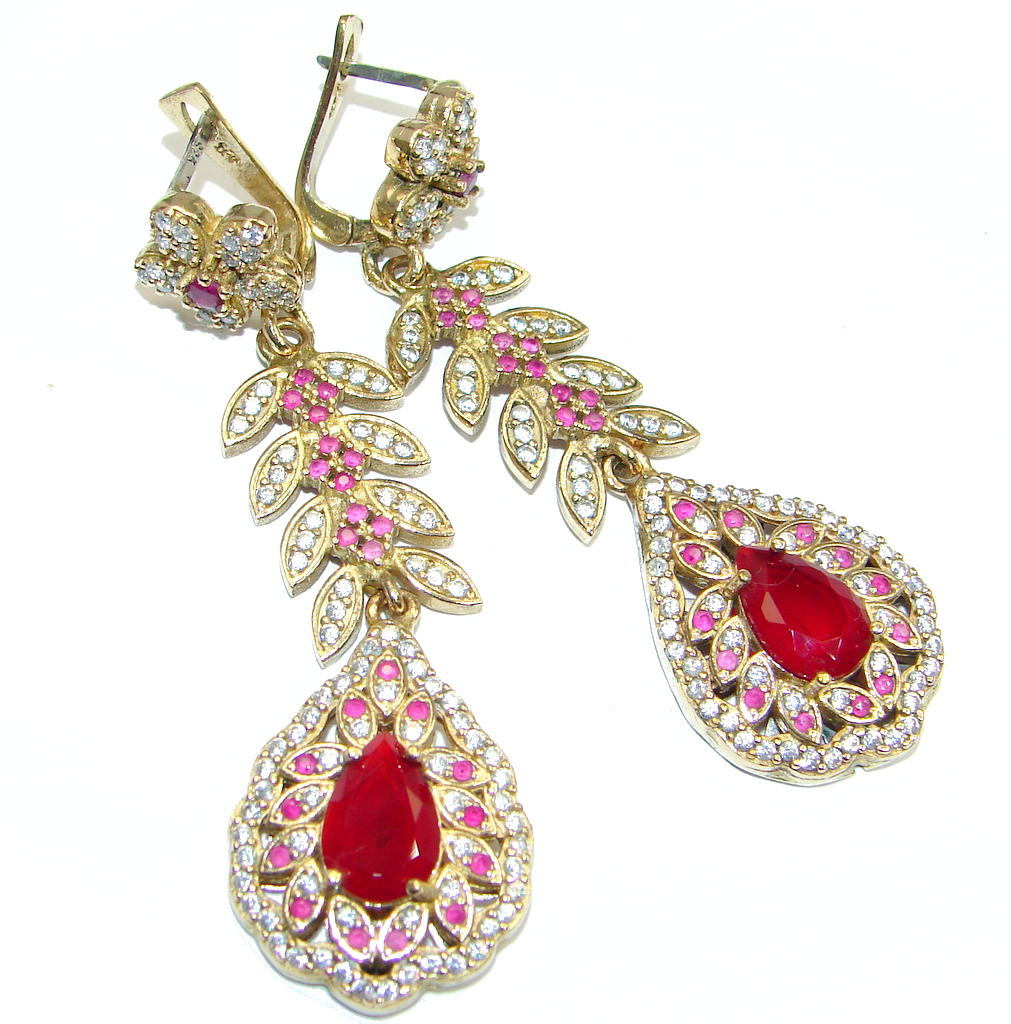 Victorian Style Red Ruby Rose Gold plated over Sterling Silver earrings