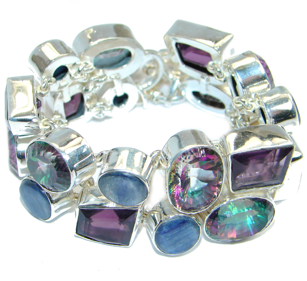 Chunky Pink Rainbow Magic Topaz Kyanite Sterling Silver handmade Bracelet
