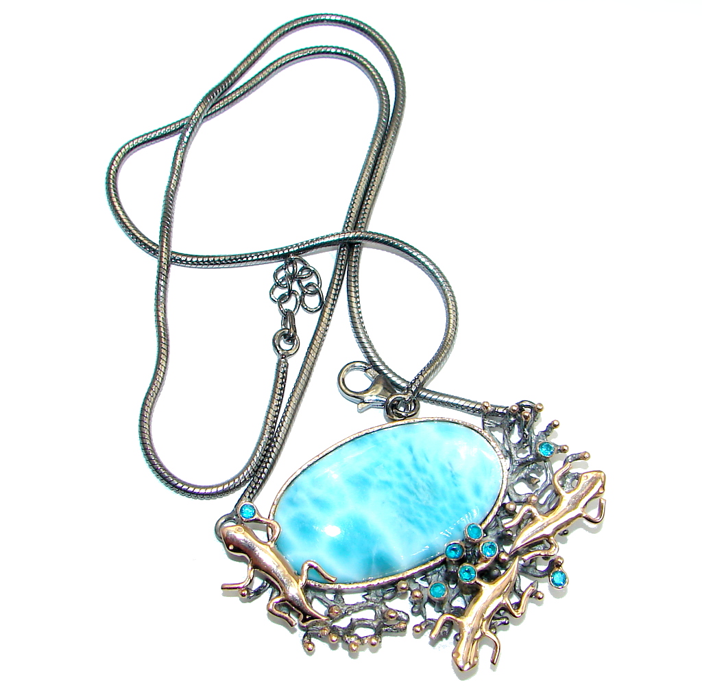 Three Lizards Caribbean Blue Larimar Swiss Blue Topaz Gold plated over Sterling Silver handcrafted necklace
