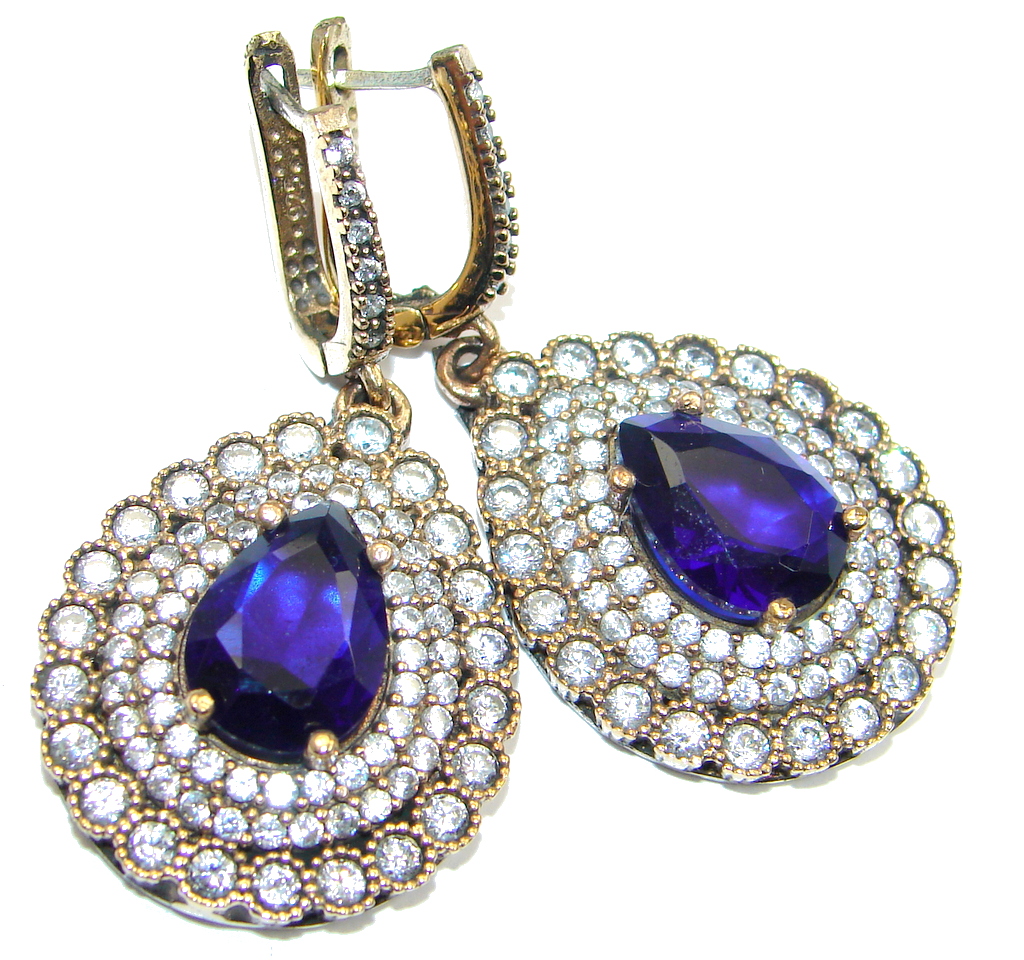 Victorian Style created Sapphire & White Topaz Sterling Silver earrings