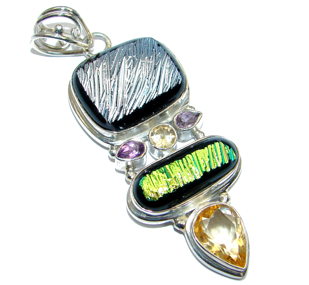 Huge Mexican Dichroic Glass Sterling Silver handmade Pendant