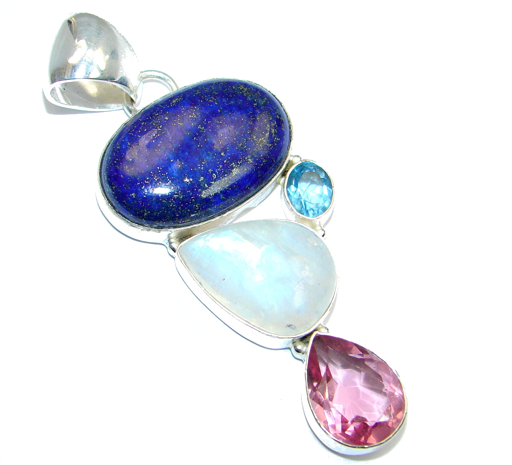 Large Blue Lapis Lazuli Moonstone Sterling Silver handmade Pendant