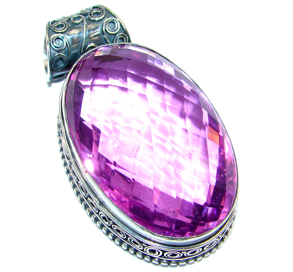 Large Amazing created Pink Sapphire Sterling Silver Pendant