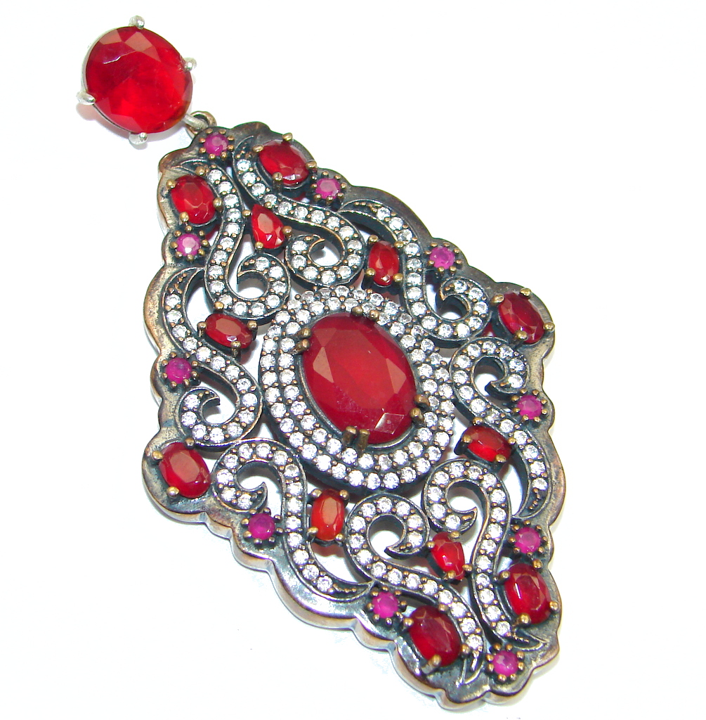 Huge Victorian Style created Ruby Spinel Two tones Sterling Silver Pendant