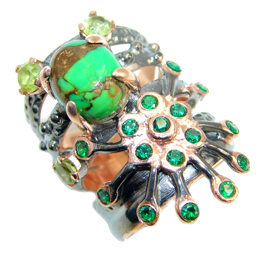 Amazing Green Turquoise Emerald Rose Gold plated over Sterling Silver Ring s. 6 3/4