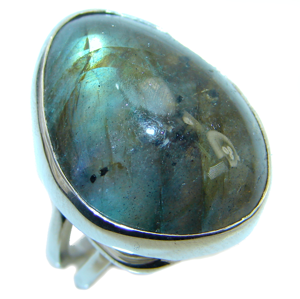 Big Blue Aura Fire Labradorite Sterling Silver ring size adjustable