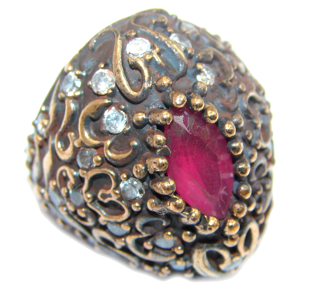 Large Victorian Style created Ruby & White Topaz Sterling Silver ring; s. 5