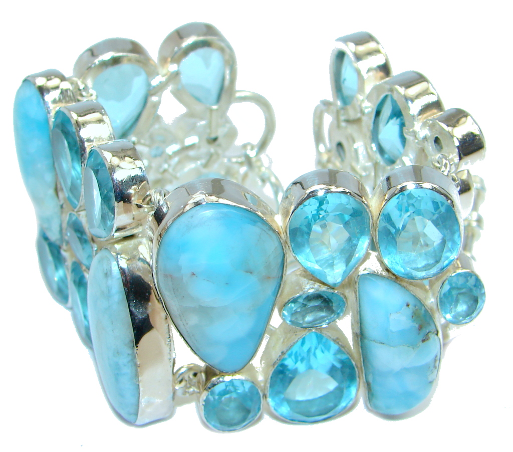 Genuine Blue Larimar Swiss Blue Topaz Sterling Silver handmade Bracelet Cuff