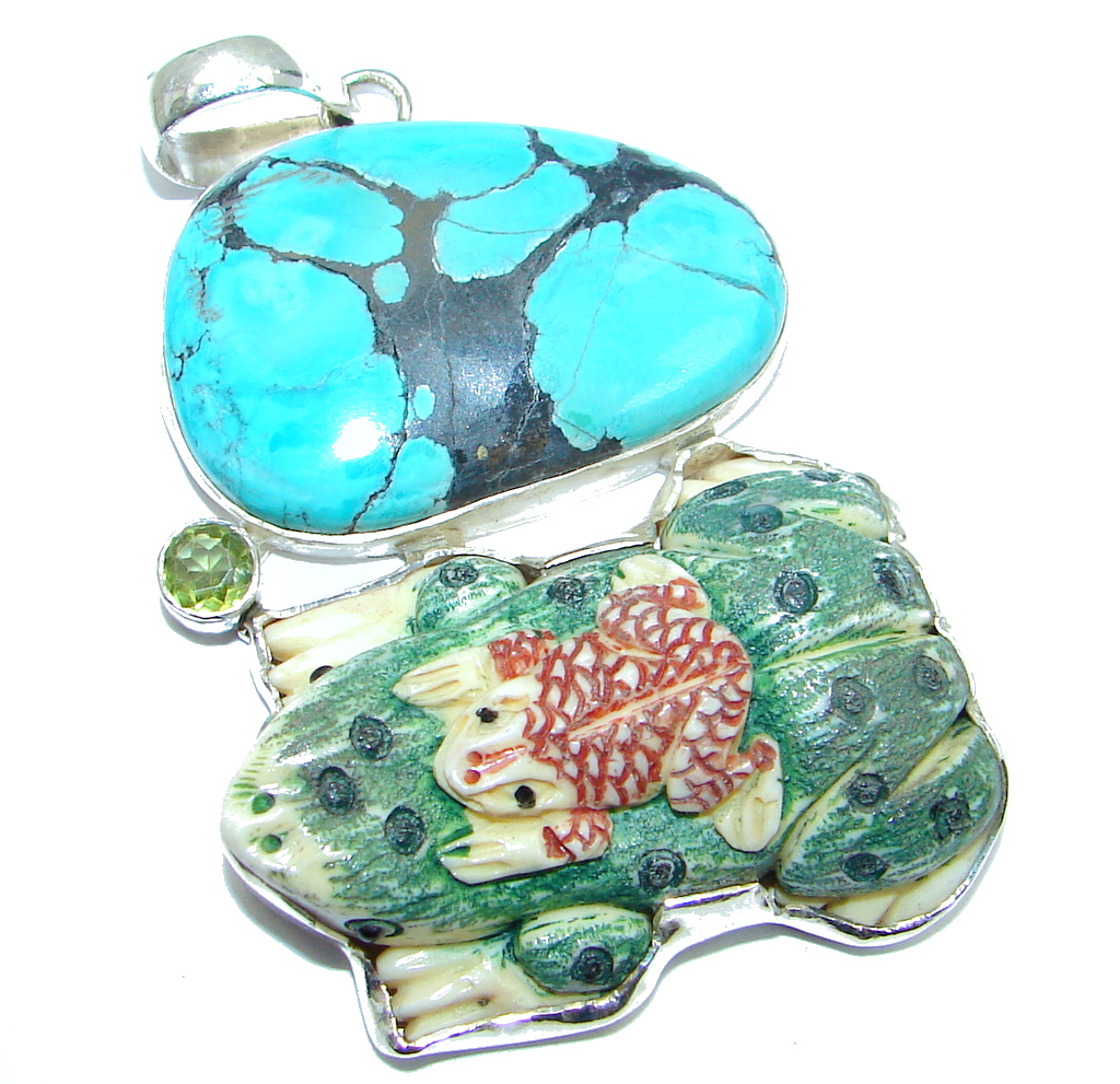 Big! Fashion Frog Carved Ox Bone Turquoise handcrafted Sterling Silver Pendant