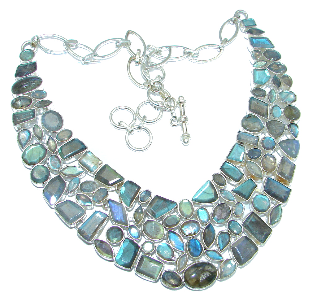 Solid 106 grams Genuine Fire Labradorite Sterling Silver handcrafted Necklace