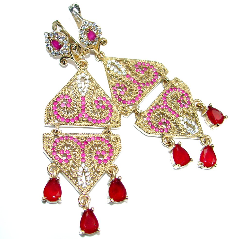 Large Victorian Style created Red Ruby Sterling Silver chandelier earrings