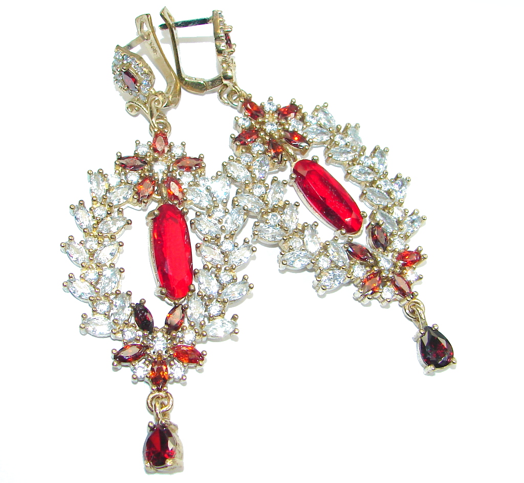 Chunky Victorian Style created Red Ruby Sterling Silver chandelier earrings