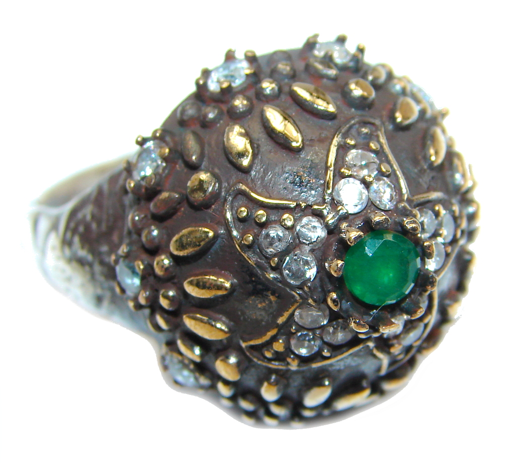 Victorian Style created Emerald & White Topaz Copper over Sterling Silver ring; s. 7 3/4