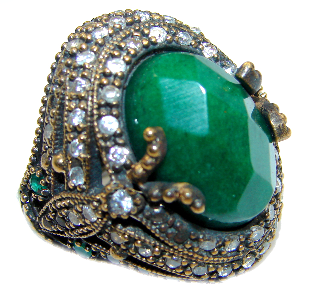 Victorian Style created Emerald & White Topaz Copper over Sterling Silver ring; s. 7 1/4