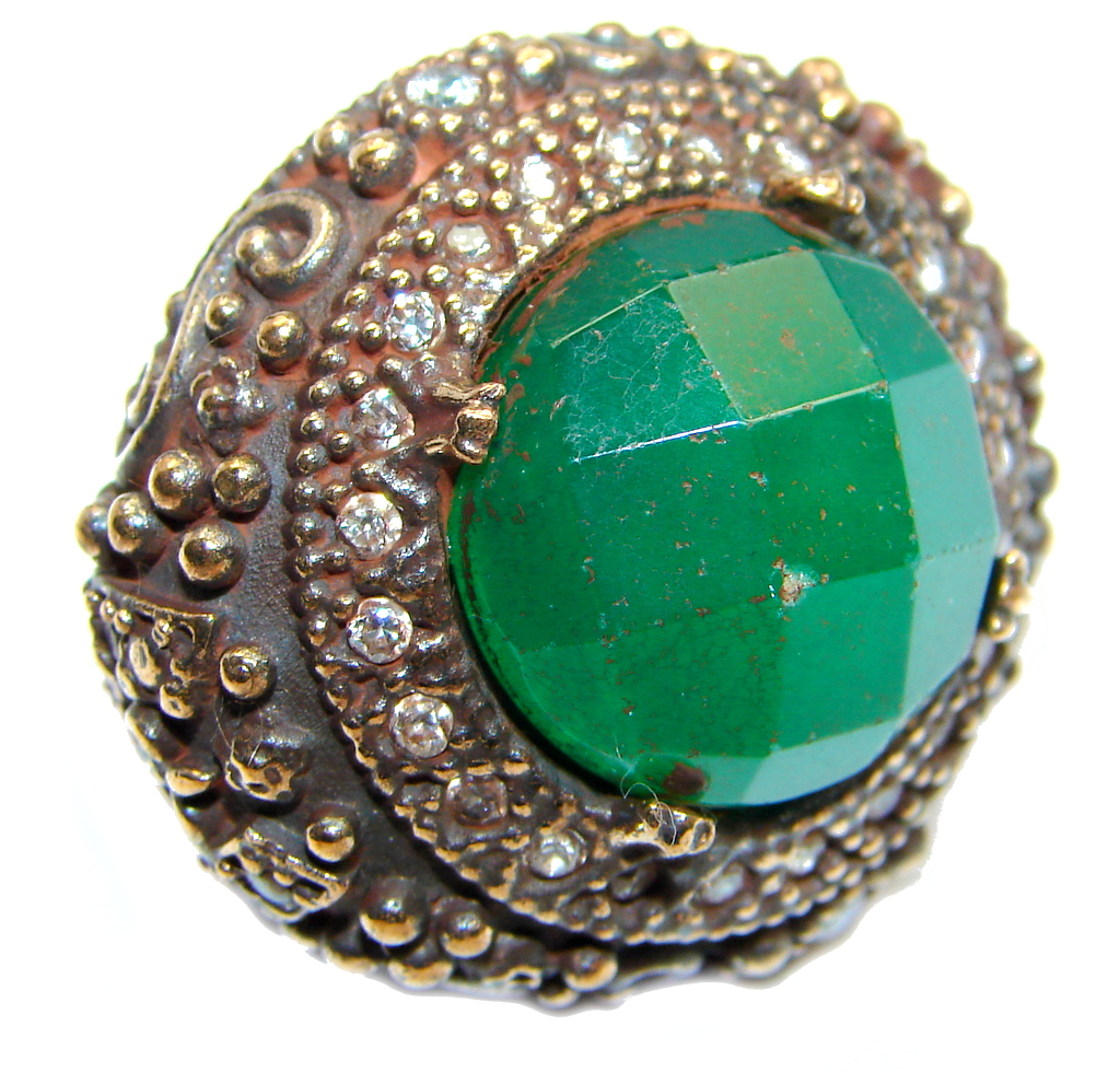 Victorian Style created Emerald & White Topaz Copper over Sterling Silver ring; s. 7