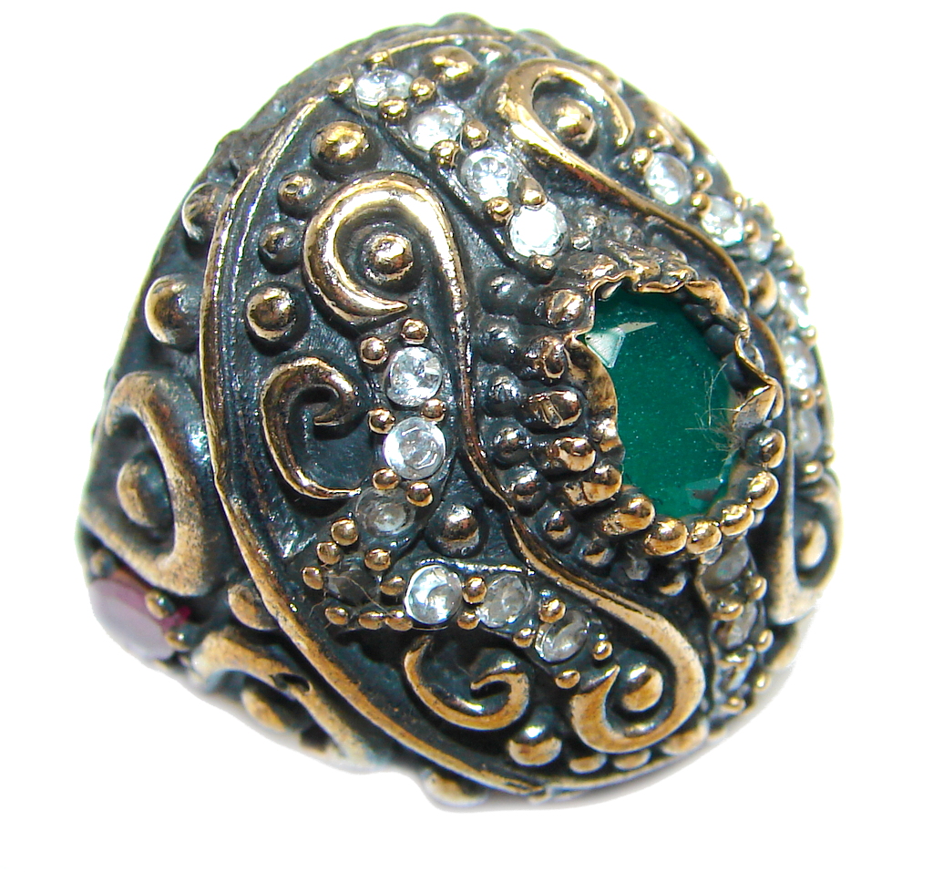 Victorian Style created Emerald & White Topaz Copper over Sterling Silver ring; s. 6 1/2
