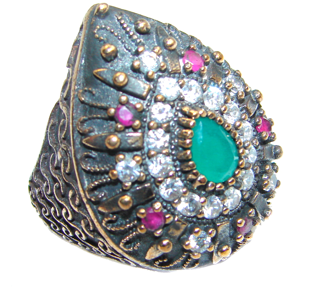Victorian Style created Emerald & White Topaz Copper over Sterling Silver ring; s. 7 1/2