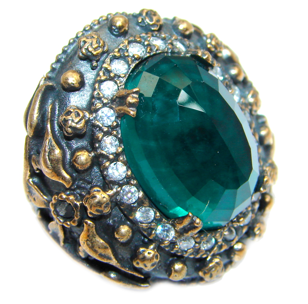 Victorian Style created Emerald & White Topaz Copper over Sterling Silver ring; s. 7 1/2