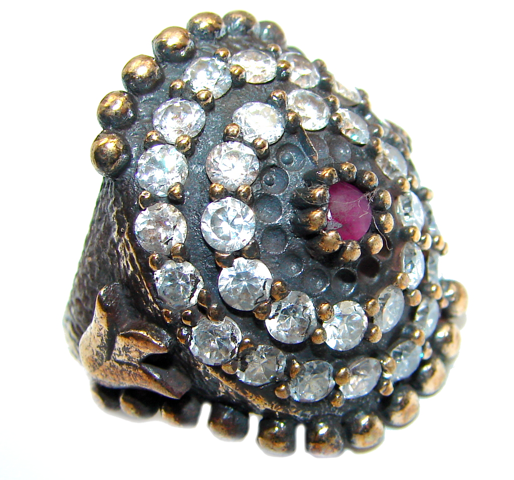 Large Victorian Style created Ruby & White Topaz Sterling Silver ring; s. 6 3/4