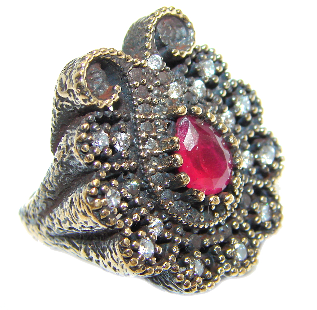 Large Victorian Style created Ruby & White Topaz Sterling Silver ring; s. 6 3/4