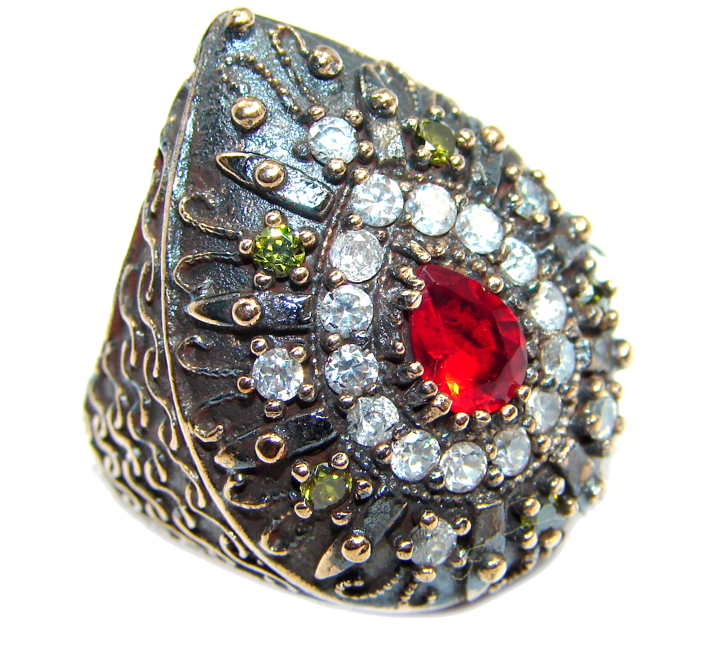 Large Victorian Style created Ruby & White Topaz Sterling Silver ring; s. 7
