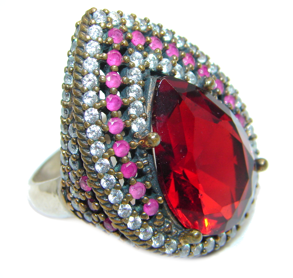 Large Victorian Style created Ruby & White Topaz Sterling Silver ring; s. 6 3/4